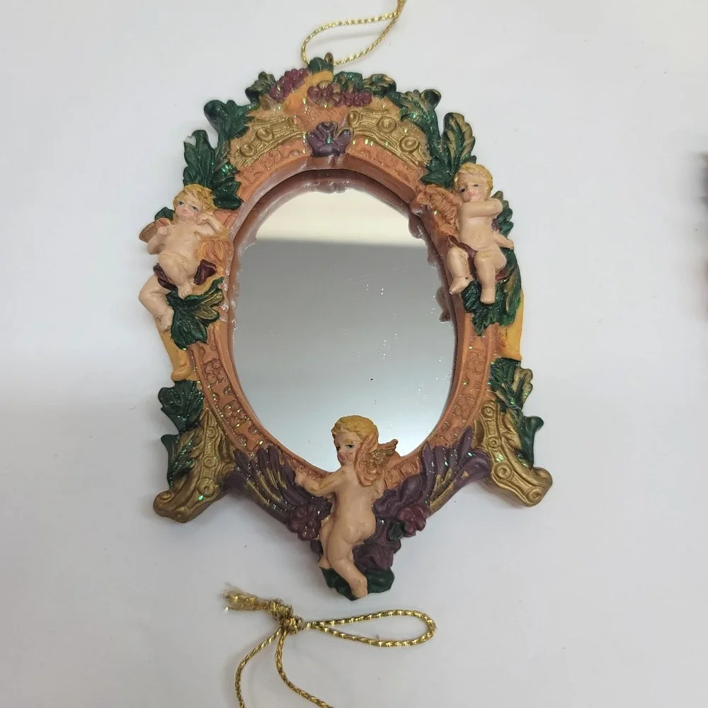 Vintage Cherub Angel Mirror Ornaments Set of 4 Victorian Gold Resin Christmas